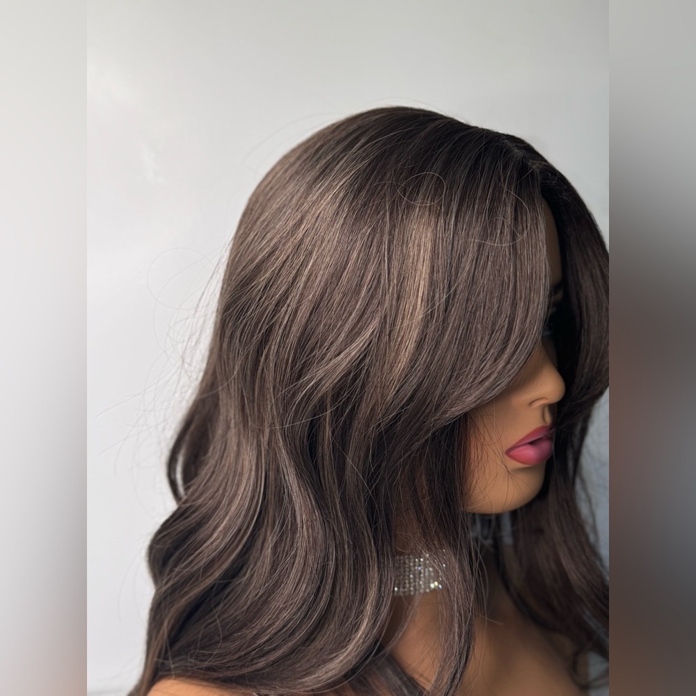 Long Wavy Brown Wig with Highlights – Natural Looking Heat Resistant Synthetic - Picture 7 of 11